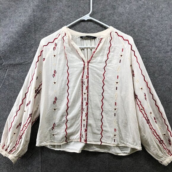 Zara Embroidered Blouse Womens XS Ivory Red Long Sleeve Boho Split Neck - Picture 1 of 8